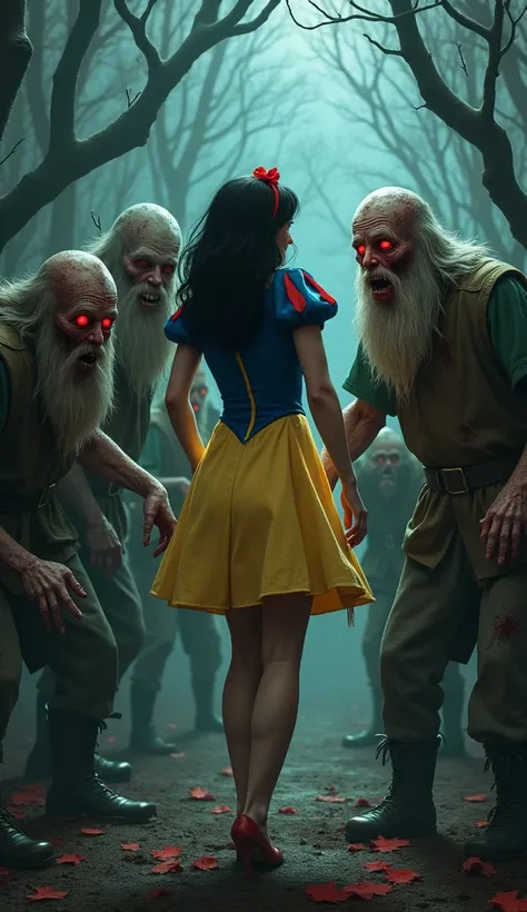  Character based on Disneys Snow White, sexy, short skirt, In trouble ,  surrounded by 3 zombie dwarves . 