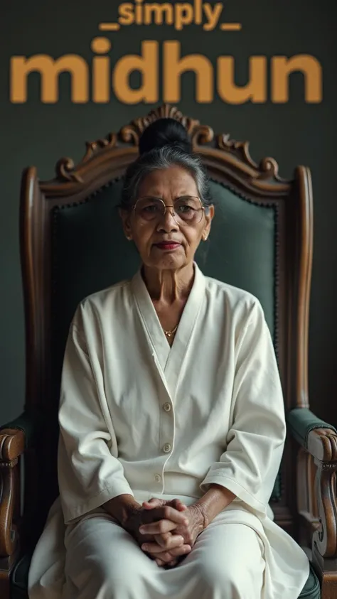 An indonesian old woman sitting on a big chair with _simply_midhun_ written behind ,  front side, dark bun hair style, wearing white long shirt