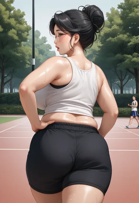 (1girl:1.3), Masterpiece, Best quality, amazing beauty, 4K, absurdres, finely detail, super detailed eye, perfect anatomy, official art, cinematic lighting, BREAK, Park, hair bun, (black hair:1.5), super shiny detailed black eye, (((tareme))), ((plump lips...