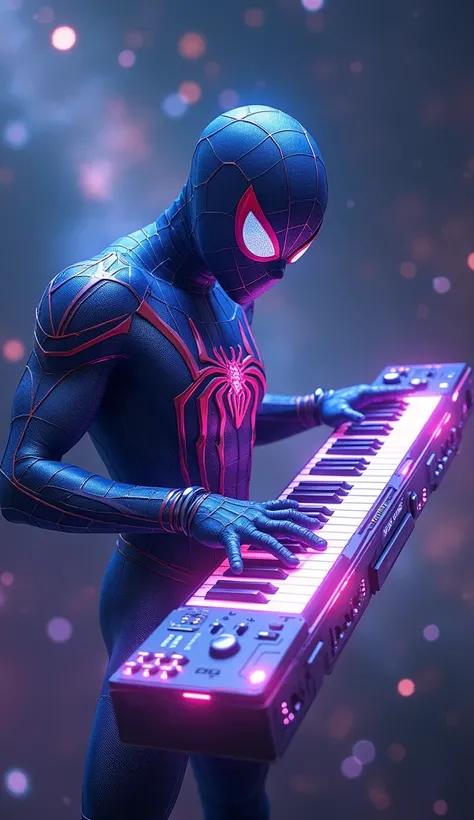  Keyboard Wizard Spider-Man : Blue and purple costume ,  plays a glowing long keyboard like a keytar,  against the backdrop of a galaxy full of stars .