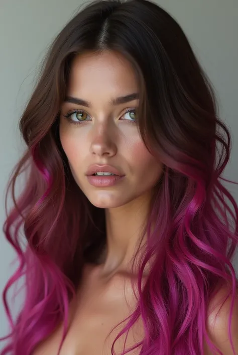 Woman with brown hair and fuchsia hair 