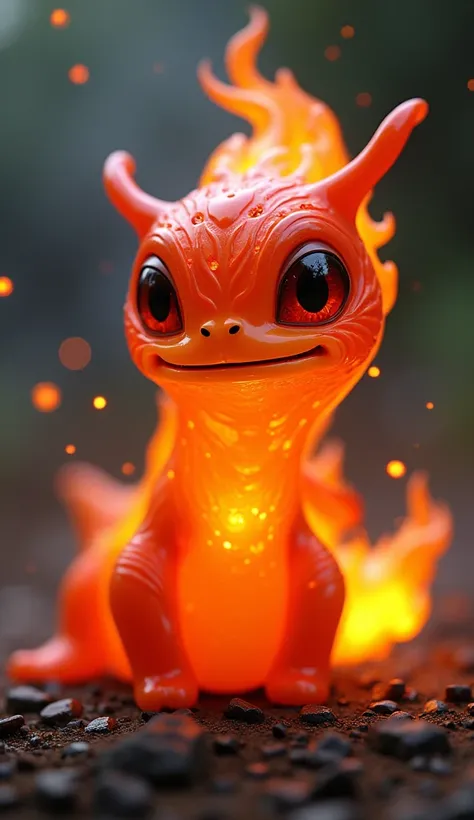 Create a hyper-realistic depiction of a Fire Elemental slug from Slugterra brought to life in a real-world setting. The creature’s body is semi-transparent, composed of living fire, with glowing embers and fiery hues of orange, red, and yellow constantly f...