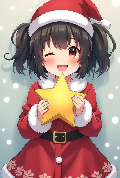 Masterpiece,Best quality, Anime style, , , innocent, short, minimal, black hair, short pigtail hair, dressed as Santa Claus, smiling, holding a Christmas tree, a very large star ornament with both hands,