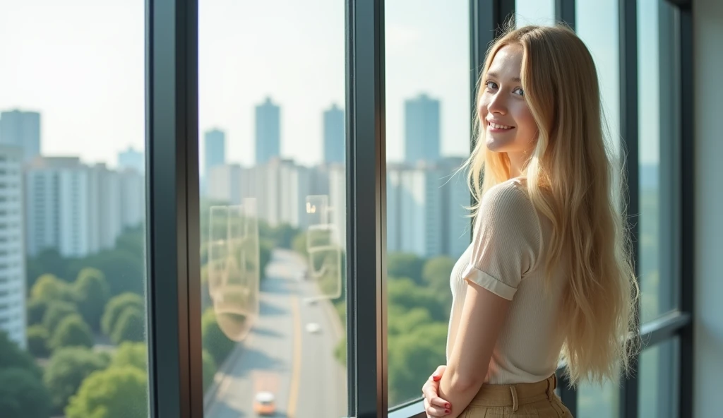 High quality. A real girl with 18 years old with beyond floor length blonde hair and see her "whole" body standing on the right of floor to ceiling window, must see her whole body. The scenario of window shows summer city in modern city. This graph MUST se...