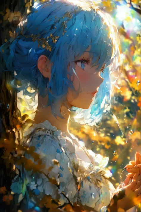 ((masterpiece)), (( top quality)), rainbow、Golden Rain 、Character portrait,  in the woods、Asahi、 sunlight filtering through the trees、 Golden Drops 、 Girl Holding Drops with Hands、 light blue hair、 White Lace Clothes 、 Light Blue Eyes 