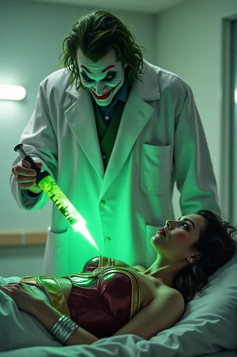 Joker, wearing a white hospital gown, is standing beside Wonder Woman, who is lying on a hospital bed. Joker holds a syringe filled with a glowing, bright green liquid, which looks ominous and dangerous. He is about to inject the green substance into Wonde...