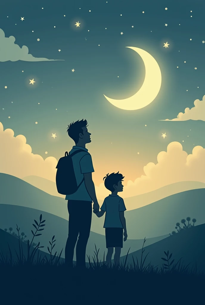 image of a silhouette of a father with his son in a landscape watching the moon type cartoon