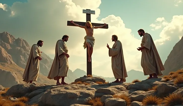      The photo is super realistic  ,     Realistic video,  still from the film ,   based on a biblical theme Real video  ,   biblical video  , Mount Calvary  ,   Jesus Christ with blond hair is crucified on the cross on the mountain ,   and two more people...