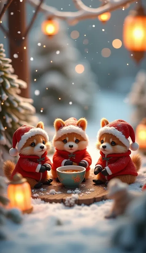 A highly detailed 3D-rendered scene of a magical, miniature world. A group of baby tanukis, each dressed in tiny, festive Santa costumes, sit together in a snowy outdoor setting, happily drinking warm soup from small, intricately designed bowls. The tanuki...