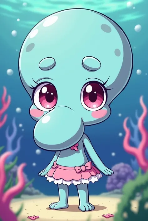 Squidward kawaii anime girl cute with cute clothes 