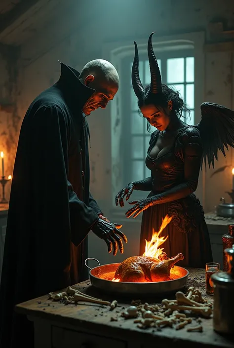 Nosferatu and Malévola cooking a roasted chicken in an abandoned house