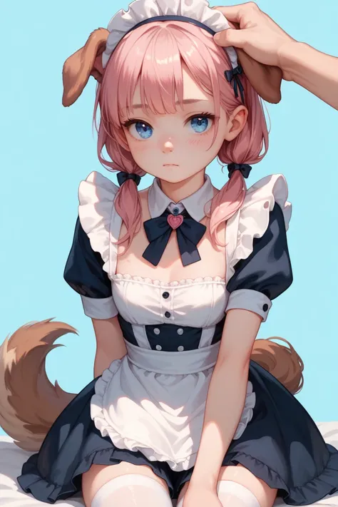 Young anime girl, all pink, pigtails, blue eyes, floppy dog ears, dog tail, maid outfit, chest out, thigh highs, getting head patted, blue background 