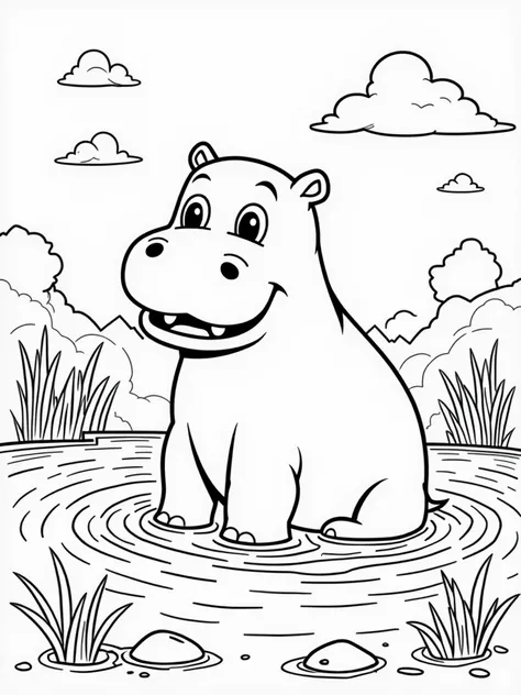  Create a black and white image of a fictional hippopotamus with a playful look ,  drawn with thick and highlighted lines ,  ideal for ren to color .  The hippopotamus must have a friendly and playful appearance ,  maintaining simple and natural traits ,  ...