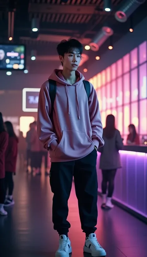 Cinematic shots of futuristic nightclub with DJ buttons . A handsome boy s a of Chinese origin with short dark hair and good looks wearing an oversize red Hoodie, black trousers jogger, sneakers and eyewears , and interacts with girls , bright-looking . Hi...