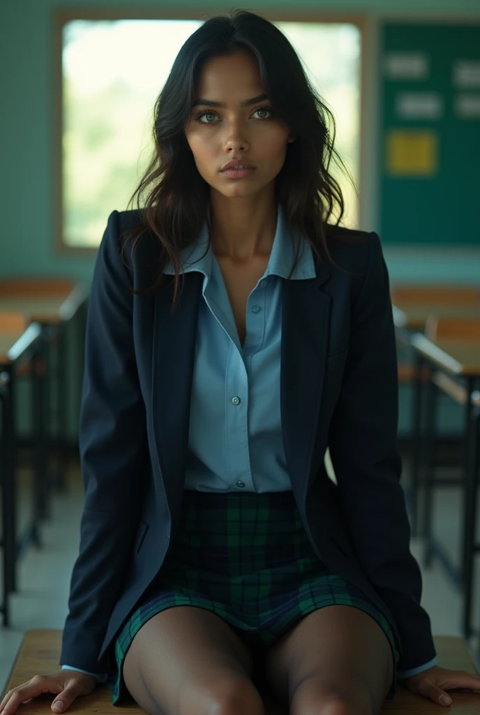 professional full body photographic shot of a beautiful Indian woman in a dark blue school blazer, light blue shirt, and a dark green and blue chequered skirt with see through black stockings, her legs are spread wide, legs open, thighs split, she has slig...