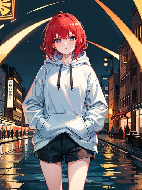  8k resolution、(( top quality ))、((​masterpiece))、(( ultra-detailed ))、1 female、solo、incredible meaninglessness、 hoodie thats too big、 headphones、street、Outdoors、Rain at night、neon、 short hair、Light-colored eyes、Hands in pockets、 Shorts 、Dripping Water、red...