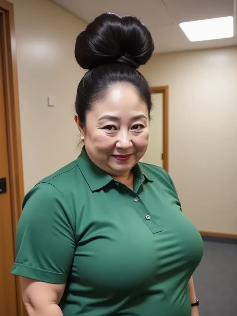 8k,Highest quality, masterpiece, Ultra-high resolution,(masterpiece:1.6, Highest quality), Intricate details, 1 female,Middle-aged woman in her 50s, japanese, full body, ((dynamic pose:1.3)), top of head, ((A gigantic hair bun, A huge hair bun:1.5)), ((jet...