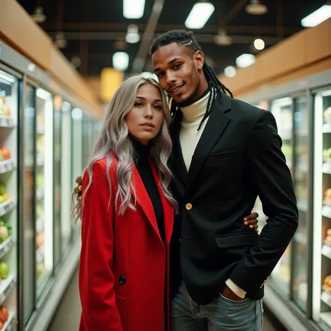 dynamic dutch angle medium shot with a Bolex H16, of a beautiful smiling caucasian female and light brown skin african american male couple. they stand lovingly together in the middle of a grocery store aisle at the produce section, they are standing side ...