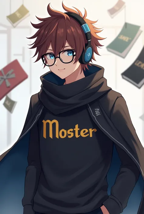  A guy  , wear a black shirt with the letter moster , brown-haired  ,  with a black cape on the back , wearing a black scarf  ,  has two books hanging from the air  ,  wearing black glasses  ,  wearing anime navy blue headphones