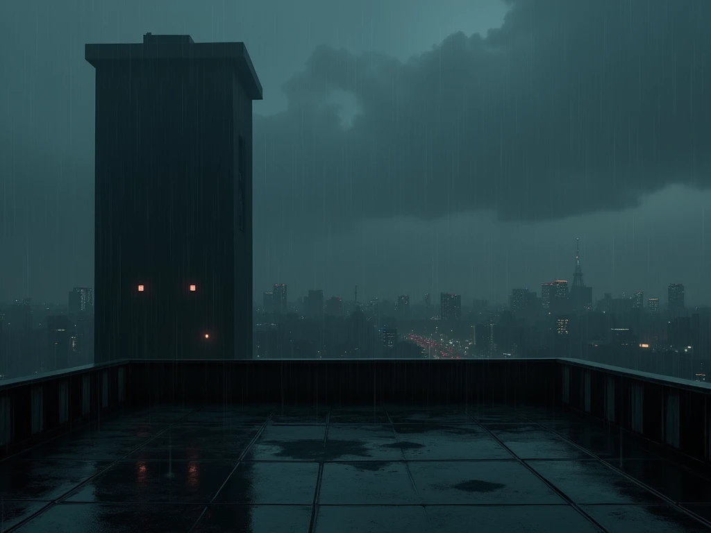  The roof of a tall building, in a dark and raining environment ,  where the anime-like roof door is also shown.  I dont want it to be shown to anyone, only the environment 