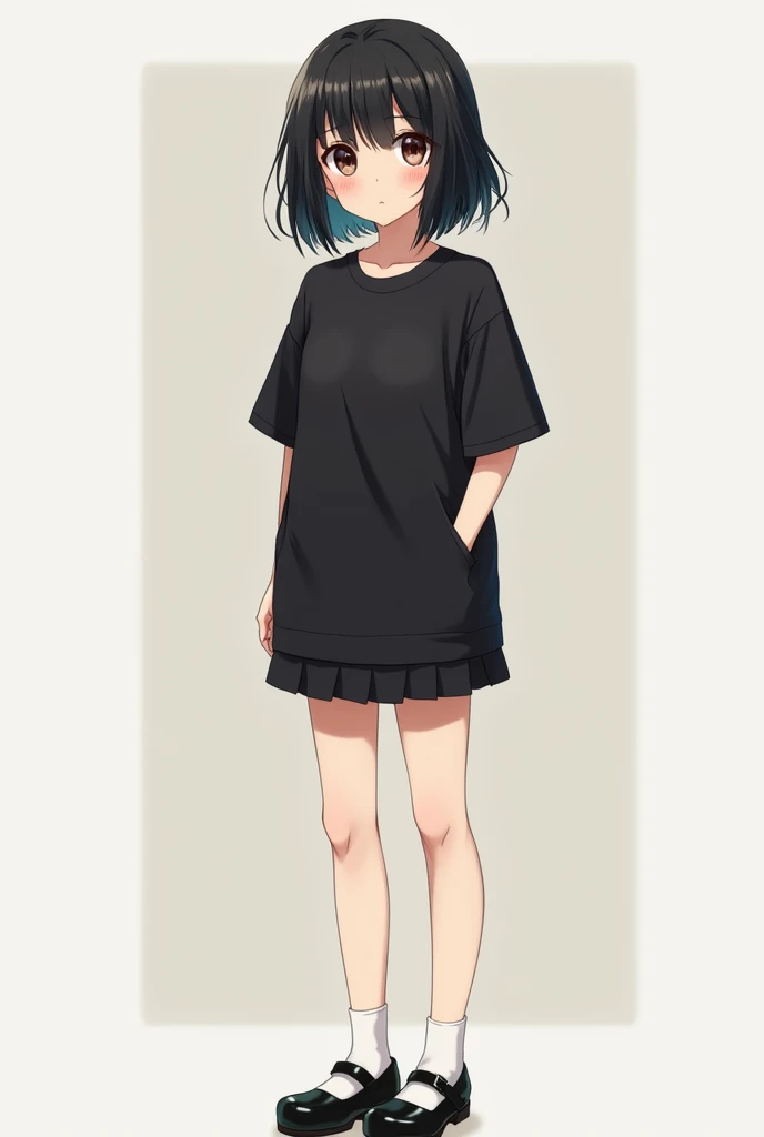 An anime girl, beautiful and young girl of s , Will you have short black hair but no fringe ,  a large black t-shirt ,  a short black skirt and black Mary Jane shoes