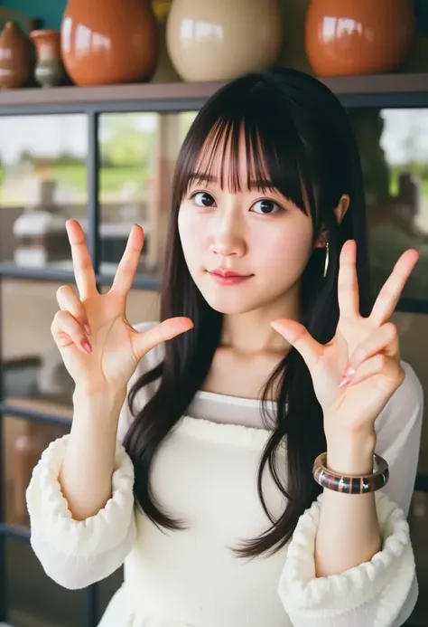 This image is、 This is a portrait of a young Asian woman with long black hair and bangs .  Shes wearing a white dress with a clear neckline and long sleeves .  shes wearing silver earrings and bracelets on her arms . Women、 standing in front of a colorful ...