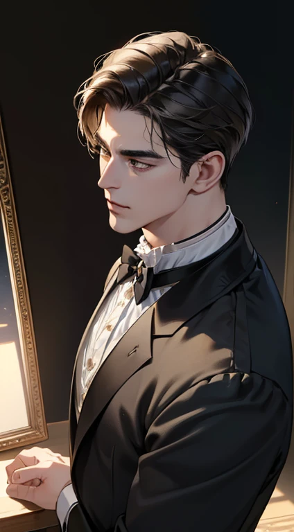 (best quality, masterpiece, 8K, photorealistic, cinematic lighting, 1:4 hdr image, top view, ultra detailed, beautiful image), a mature man, 34 years, very handsome, short black hair, gold eyes, perfect face without errors , (CEO).Duke. victorian era.