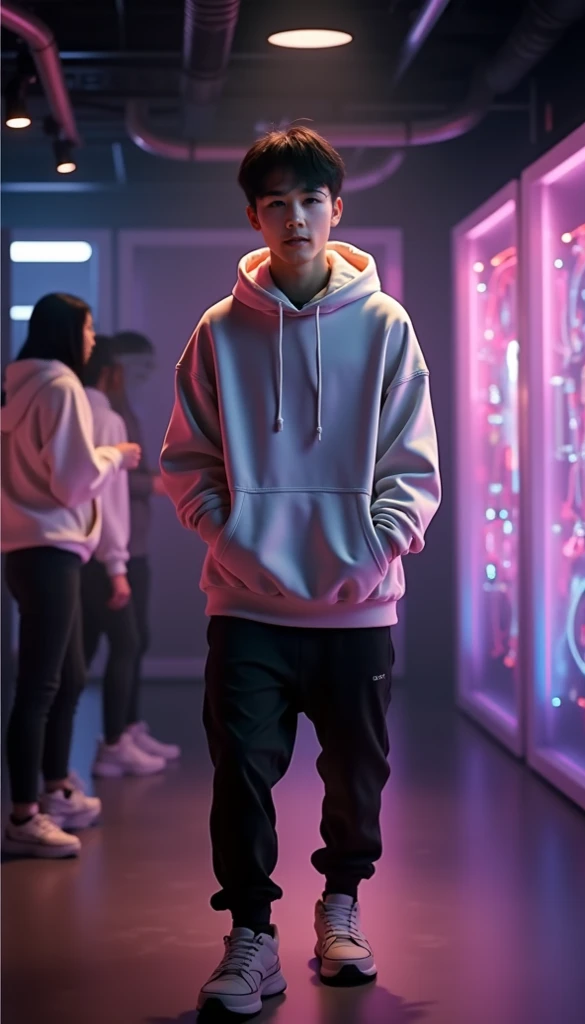 Cinematic shots of futuristic nightclub with DJ buttons . A handsome boy s a of Chinese origin with short dark hair and good looks wearing an oversize red Hoodie, black trousers jogger, Sneakers and eyewears , and interacts with girls , bright-looking . Hi...