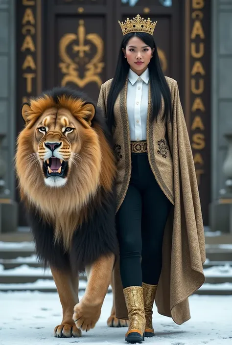 Hyper realistic image of 40-year-old Indonesian female empress, Tall and large body, full body shot , the womans face is very clear ,  face facing the camera,  scene featuring a large lion roaring angrily,  Lion must walk with woman ,  wearing a black and ...