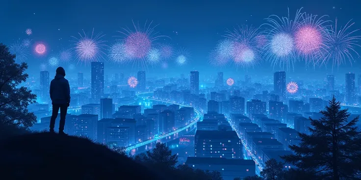 A bright color picture in blue tones , view from a hill to a small modern city at night in lights, there are a lot of fireworks in the sky  