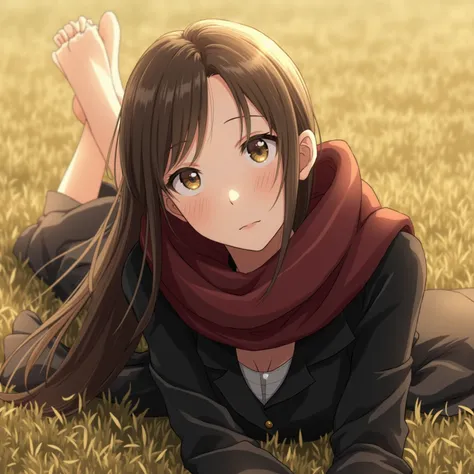 High-quality image of a very slim Japanese woman .1 woman, solo, lying on grass, soft facial features, light skin, wearing a maroon scarf and dark coat, natural outdoor setting, golden sunlight filtering through, dreamy and serene expression, blurred backg...