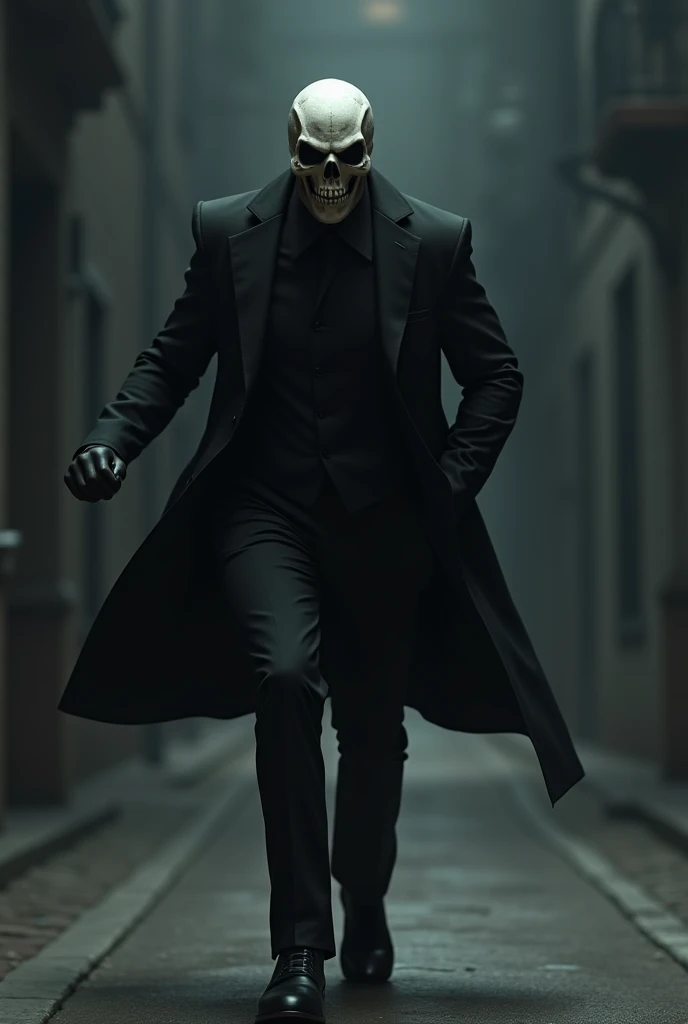 Fast villain in a black suit wearing a skull mask