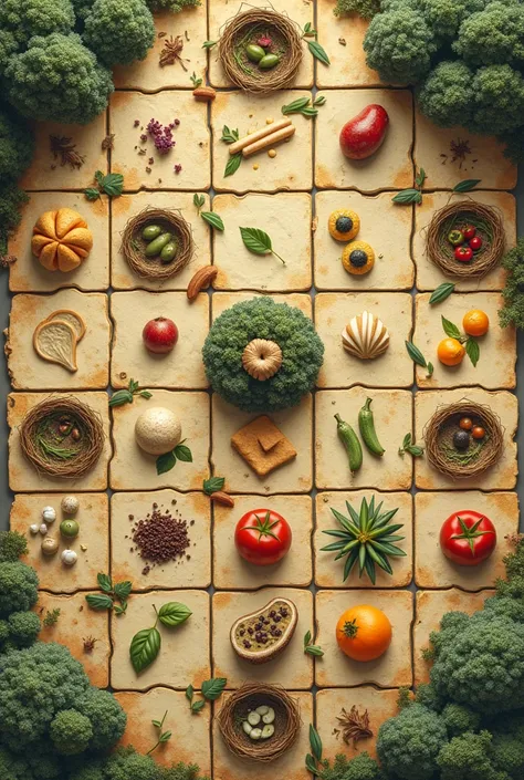 Square map ， divided into 49 complete square grids on average ， grid filled with food graphics and the central one is graphically filled with bird nests ， The rest of the grid is randomly distributed 4 corners in the food area 、 nested areas filled with wi...