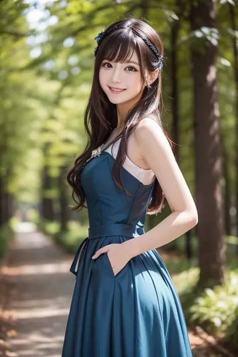  wearing a blue dress with a long skirt,   Japanese idol 、Full dress,  fantasy dress,  Elegant and Attractive Cosplay , Japanese model wearing fantasy style formal attire ,  black shimecut hairstyle,  looking at camera、Detailed and beautiful eyes、 cute smi...