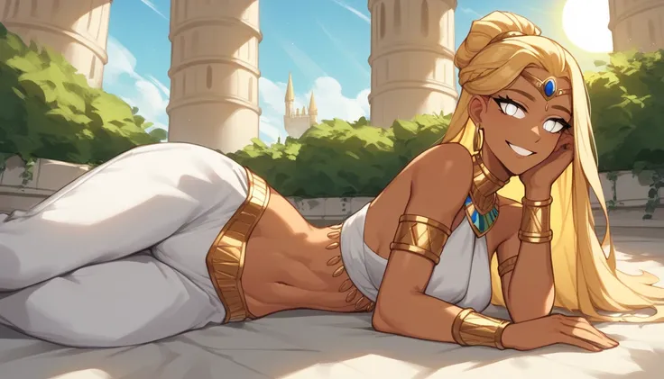 




Prompt

Blonde girl wearing egypcian collar, long hair, white eyes, big boobs, wearing white harem pants, fancy clothing, wearing wristbands, golden ornaments, sun symbols, smile, sassy face, golden palace, garden, skinny, straight hair, forehead, upd...