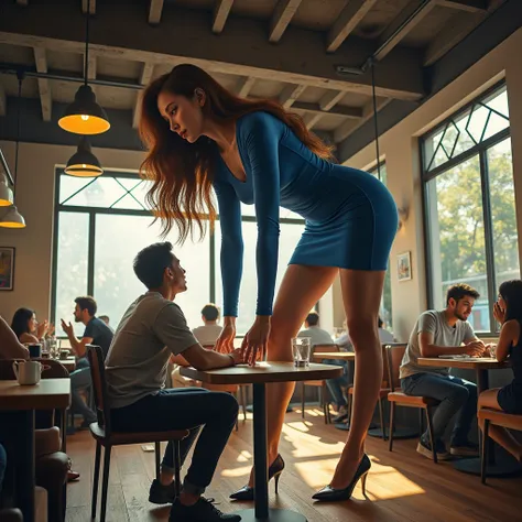 A giant woman sitting in a modern café, her immense size dominating the scene. She is seated on a large booth, leaning slightly forward with her arms resting on the table. Her long brown hair flows down her shoulders, and she is wearing a tight blue dress ...