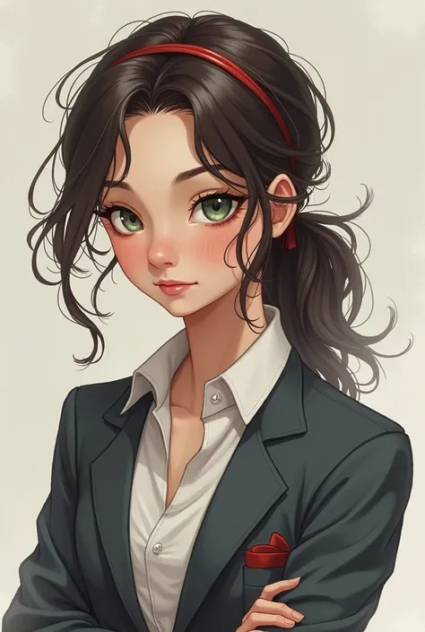 Girl Hair:  dark brown ,  hair  , Reflecting her meticulous approach in everything she does.  is usually tied with a headband .
eyes: Grays or hazels,  with a calculating brilliance that reveals his intellectual acuity and his capacity for analysis.
fur: p...