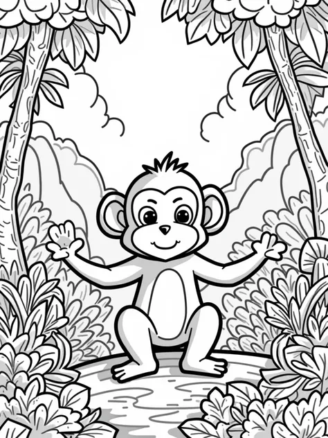  Create a black and white image of a fictional monkey with a playful look ,  drawn with thick and highlighted lines ,  ideal for ren to color .  The monkey should look friendly and playful ,  maintaining simple and natural traits ,  without humanized eleme...