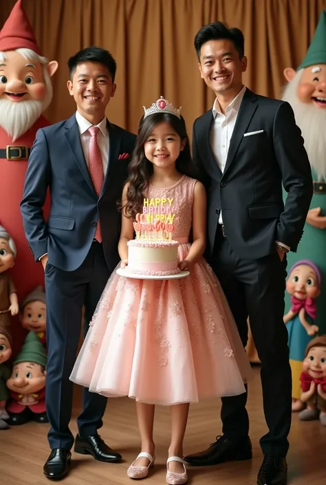 a real photo of a  girl wearing a princess dress wearing a crown wearing shoes, standing holding a birthday cake which has the number 9 candles and the words "HAPPY BIRTHDAY CHELSEA INARA" on the birthday cake, to the right and left there are two Asian men...