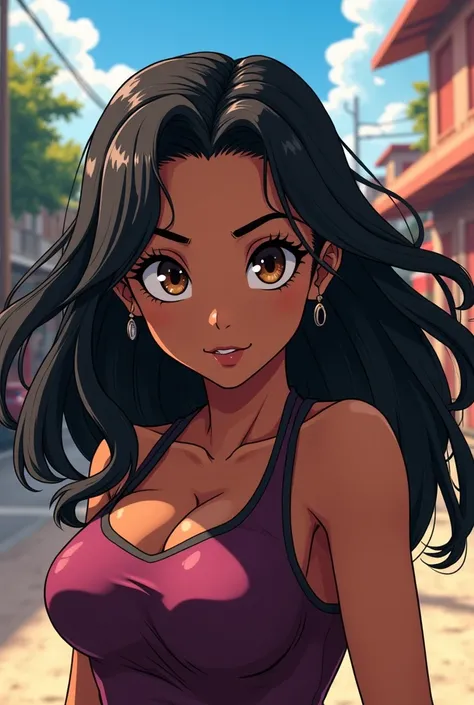  A dark-skinned woman ,  black hair, brown eyes with Mexican features, In the cartoon style of the anime Boku No Hero