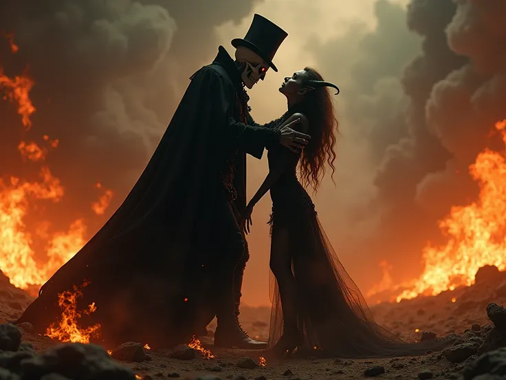  a man with the face of a skull wearing a black cape and top hat grabbing a demon woman by the neck, they are surrounded by fire and flames in a dark and frightening environment 