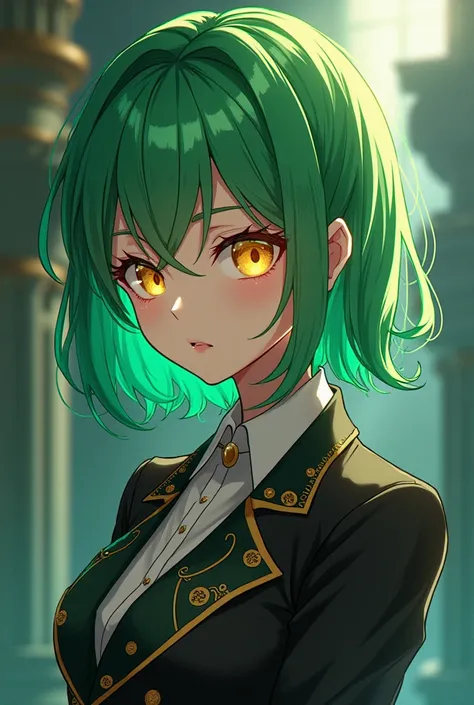 (work of art, Maximum quality, best qualityer, offcial art, beautiful and aesthetic:1.2)  A girl from the anime and style of Dangaronpa,  green hair ,  golden eyes, fancy clothes.