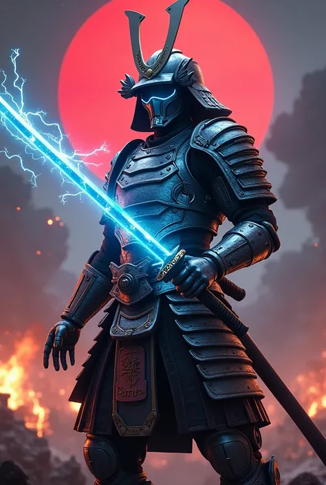 A samurai in the style of a League of Legends character, blending traditional Japanese armor with modern futuristic elements. The samurai wields a glowing blue energy katana, and the armor features polished metal plates with a stylized kabuto helmet, accen...