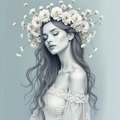 A delikate pencildrawing and watercolorpainting of a beautiful woman with Closed Eyes, adorned with an elaborate headdress made of white flowers. The headdress cascades down her back and shoulders, intertwining with her long, wavy hair. She wears a delicat...