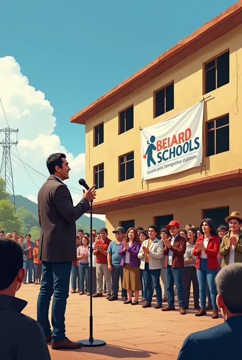 location:  In front of the new school ,  completely finished and ready to open .  characters:

 Eloy Rugel Aragundi :  with an upright posture ,  in front of a microphone and receiving applause .  Eloy wears a jacket or a more formal garment for the occasi...