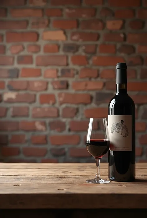 Create in the lower part of the image the surface of a wooden table on which there is a bottle of wine on the right side of it and in the background of the image an automatic brick wall.