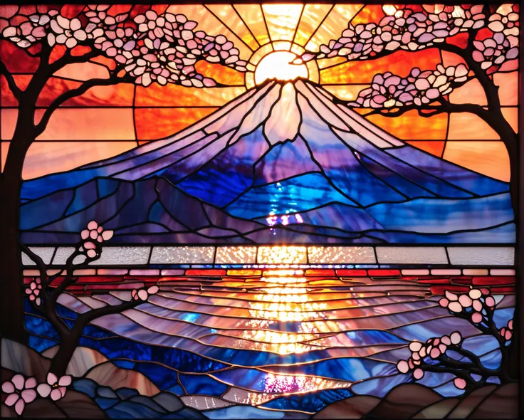 Stained glass style, first sunrise, Mt. Fuji, sea cherry blossoms, Japan