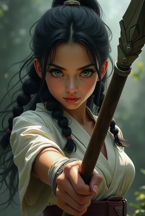 1 girl, masterpiece best quality 1girl shadowheart black hair braided ponytail green eyes, hold a spear 