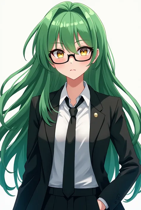 (work of art, Maximum quality, best qualityer, offcial art, beautiful and aesthetic:1.2) A girl from the anime and style of Dangaronpa,  green hair ,  golden eyes, black suit, white shirt, black pants, glasses, without earrings.