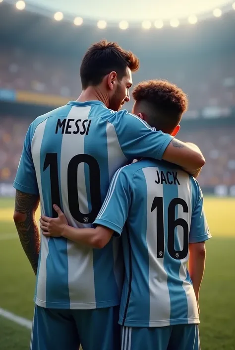 Messi wearing the Argentine shirt embraced by a boy with the Argentine jersey with the number 16 and with the name of jack , He is the boy is white with half black hair sambo and Messi and the boy are on their backs and their thumbs pointing out his jersey...